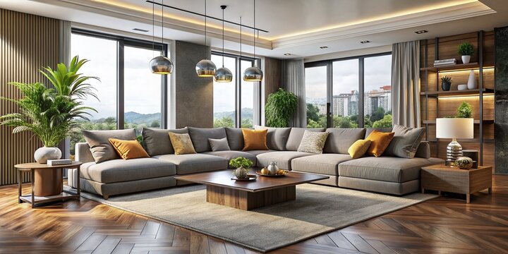 Modern minimalist living room with oversized 2XL sectionals, sleek coffee table, and vibrant decorative accents,