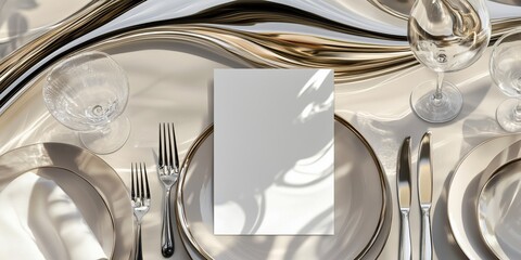 Elegant table setting with a blank menu card, luxury glassware, plates and cutlery in a formal dining setting. Perfect for weddings, events, fine dining and promotional events. Mockup
