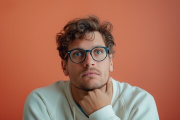 Obraz premium A thoughtful young man in glasses poses against a minimalistic orange backdrop while contemplating life