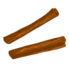 Two cinnamon sticks isolated on white background. Aromatic spice. Hand drawn vector cartoon illustration. Food icon. Condiment for mulled wine.