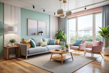 Fototapeta premium Modern minimalist living room with sleek furniture, pastel colors, and natural light, perfect for designing your ideal
