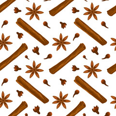 Cinnamon sticks, coriander, clove seamless pattern. Endless pattern on white background. Aromatic spices. Hand drawn vector illustration. Condiment for mulled wine. Print for kitchen textile decor.