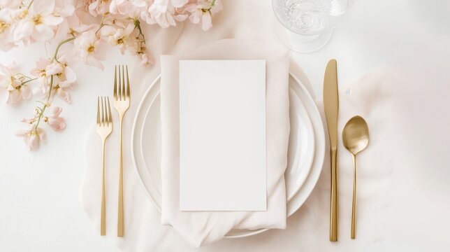 Mockup blank white card for a name or menu for a wedding or special event surrounded by an elegant table setting with fine tableware and flowers.