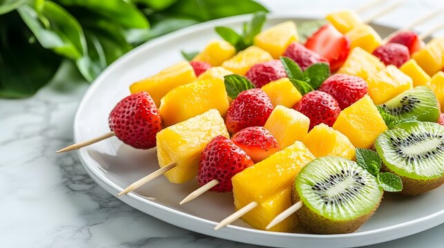 Colorful fruit kabobs featuring fresh kiwi, strawberry, pineapple, and mango chunks, arranged on skewers with a vibrant tropical fruit platter against a marble countertop.