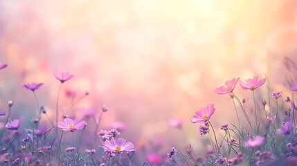 Obraz premium A serene field of blooming flowers with soft pastel colors and a dreamy background.