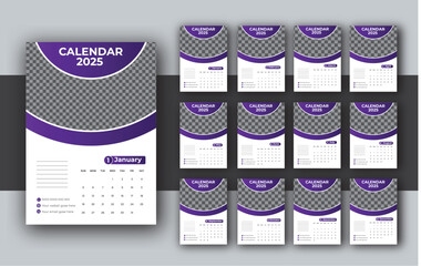 2025 Wall calendar template, corporate 12 month wall calendar 2025 schedule, week starts on Sunday, Simple vertical calendar design template.