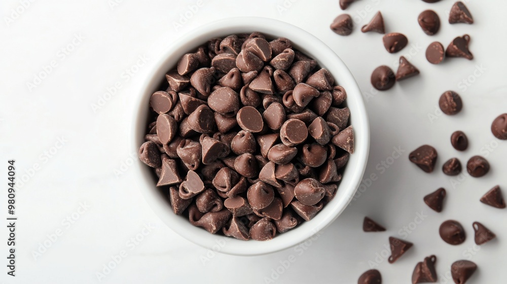Poster a bowl of chocolate chips and chunks on a white countertop, ready for baking or snacking, showcasing