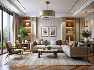 Fototapeta premium Modern minimalist living room with sleek lines, neutral tones, and eclectic decorative accents, showcasing expertly