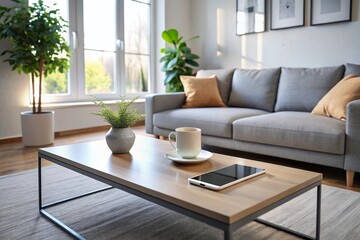 Modern minimalist living room with sleek smartphone on coffee table, displaying a sleek and intuitive user interface