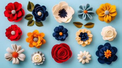 Handmade felt flowers in various shapes and sizes, in red, yellow, cream, and navy blue, arranged flat on a light blue background, showcasing vibrant textile art.