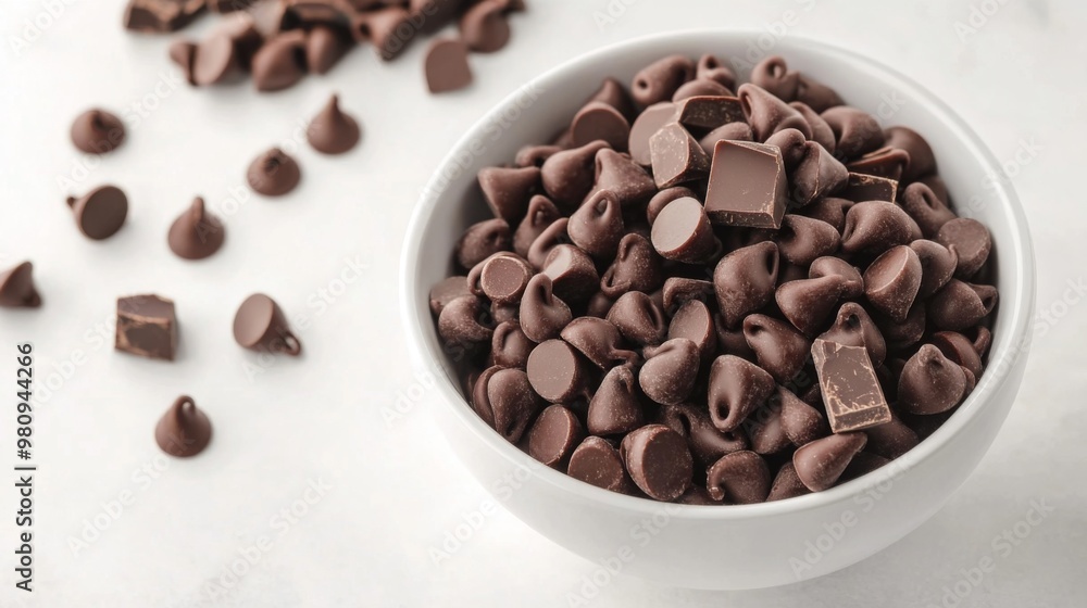 Poster a bowl of chocolate chips and chunks on a white countertop, ready for baking or snacking, showcasing