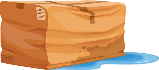 Wet and damaged crumpled box. Cartoon vector soggy cardboard parcel sitting in small puddle of water, with visible damage and creases due to logistic issues, delivery problems or flood accident hazard