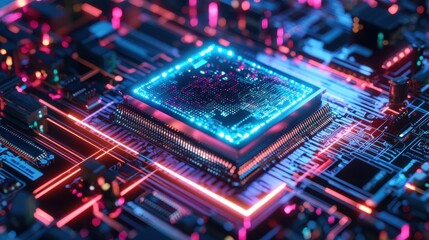 Obraz premium Futuristic Microchip on Circuit Board with Neon Lights