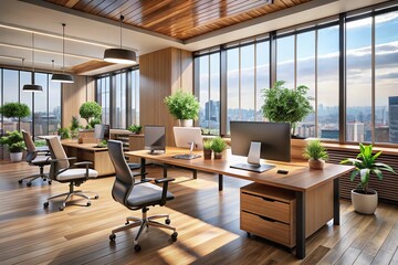 Modern minimalist office interior with sleek wooden desks, ergonomic chairs, and floor-to-ceiling windows, exuding a