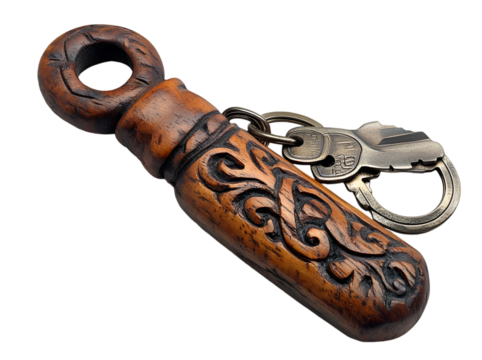 Stylish Key Chain with a Carved Wooden Handle.