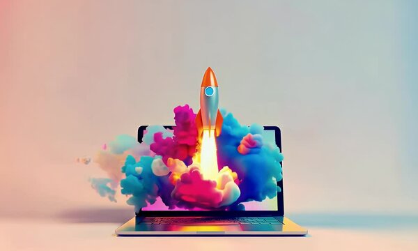 Space rocket launching from a laptop screen animation. 4k rocket launch on a solid matte background.