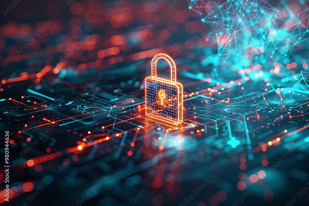 Poster abstract illustration of a cyber security concept featuring a padlock encircled by intricate network