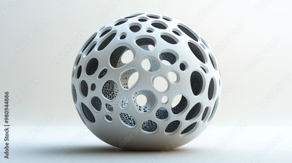 Poster abstract spherical structure with intricate patterns and holes.