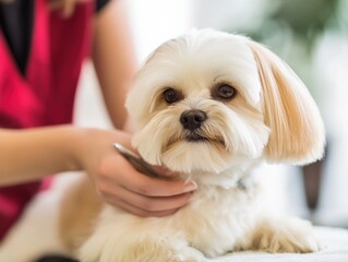 A Close-Up Portrait of a White Dog During a Professional Grooming Session, with a Focus on the Dog's Face and the Groomer's Hand Holding a Grooming Tool