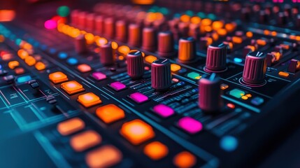Fototapeta premium Vibrant Sound Mixing Control Panel for Professional Audio Production with Copy Space