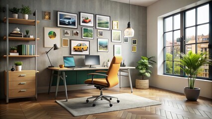 Modern minimalist workspace with sleek computer and colorful swivel chair, surrounded by car interior design sketches