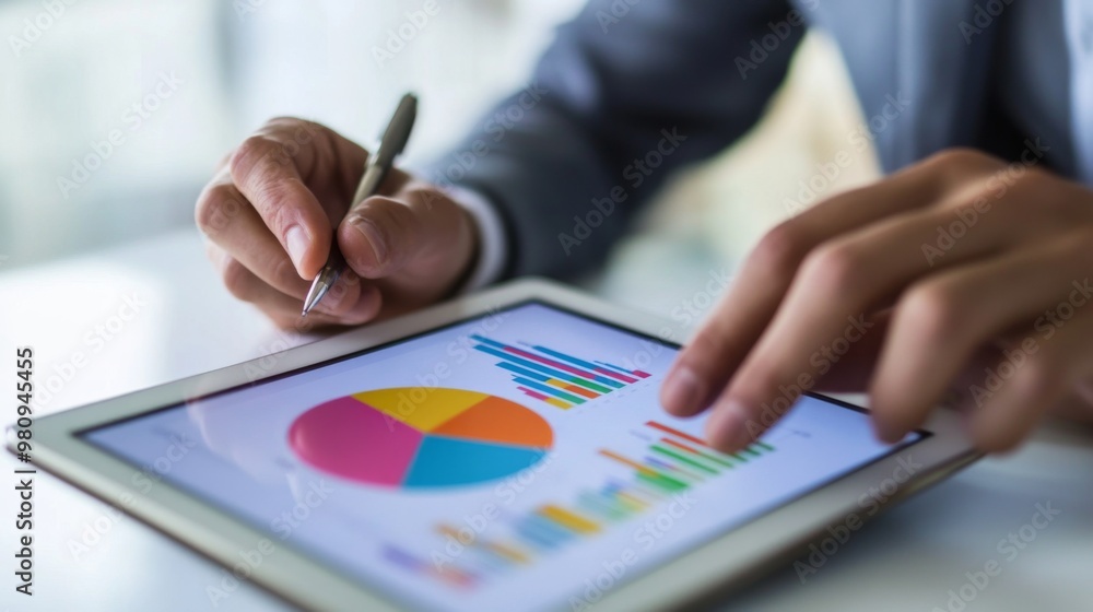 Poster a business professional analyzing a colorful pie chart on a tablet, showing various financial distri