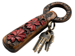 Key Chain with a Delicately Carved Wooden Handle.