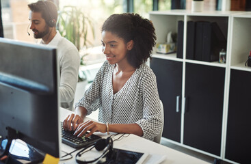 Black woman, computer and email tech support in office, consultant and online for faq questions....