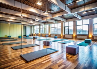 Empty modern gym with yoga mats, blocks, and mirrors, emphasizing a supportive environment for personal growth, development, and coaching, awaiting a trainer-client partnership.