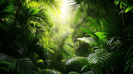 A lush, vibrant jungle scene filled with dense green foliage and soft light filtering through the leaves.