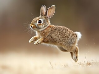 Obraz premium A Young Rabbit In Mid-Hop With Its Paws Extended And Tail Bouncing, Emphasizing The Softness Of Its Fur And The Graceful Movement Of Its Leap