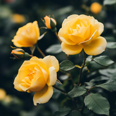 Fototapeta premium Yellow roses in a garden, with sunlight highlighting their vivid color
