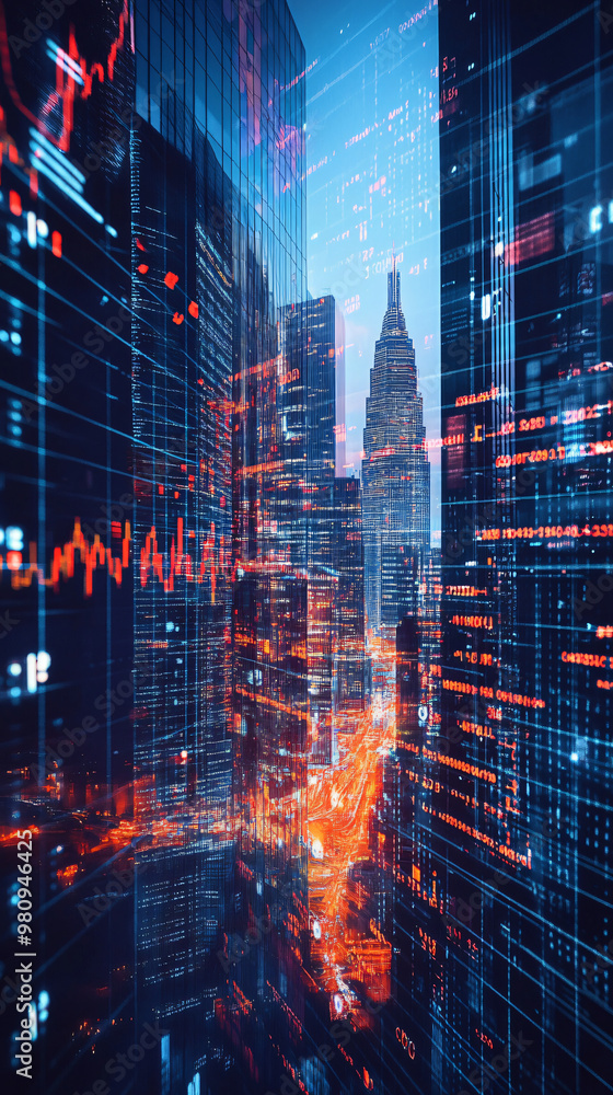 Poster futuristic cityscape undergoing a digital transformation with glowing lines and data streams