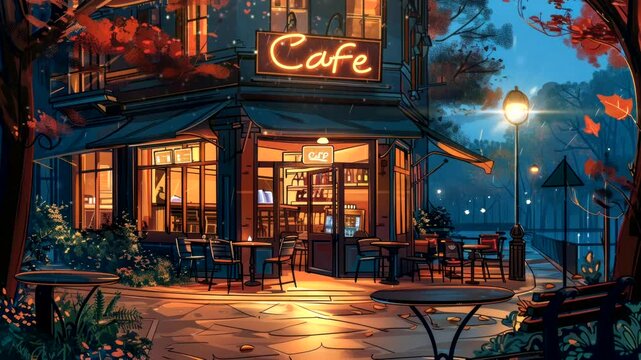 Autumn cafe on a cozy corner street illuminated by warm lights in the evening. Seamless looping 4k time-lapse video background
