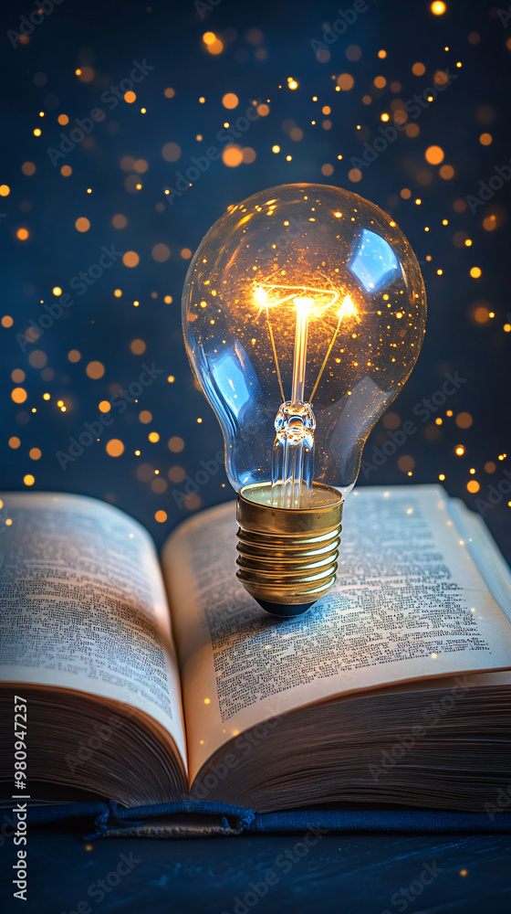 Poster the light bulb stands on an open book, casting a warm glow as a symbol of the power of knowledge and
