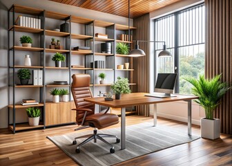 Fototapeta premium Modern office space featuring a sleek, ergonomic accent chair set amidst a range of stylish desks, shelves, and
