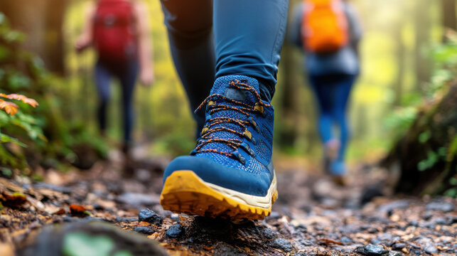 A close-up of a blue hiking boot walking on a rocky forest trail, with blurred hikers in the background.