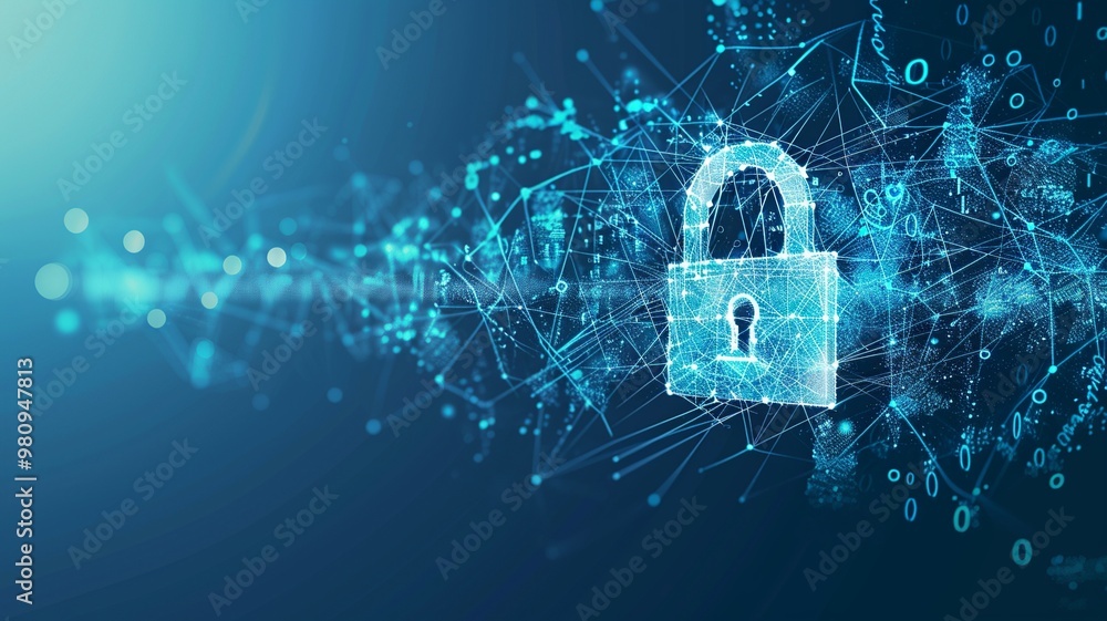 Poster abstract illustration of a cyber security concept featuring a padlock encircled by intricate network