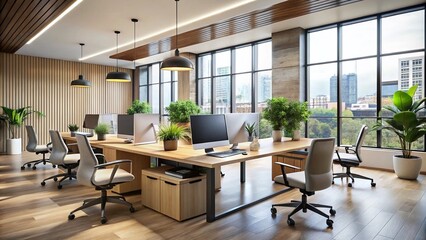 Modern office space with sleek desks, ergonomic chairs, and minimalist decorations, set against a neutral background,