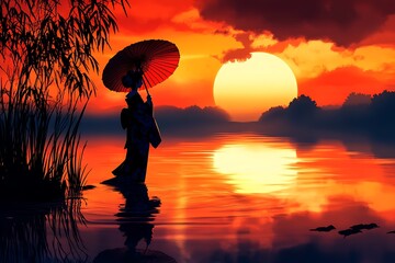 Silhouette of a woman with a traditional Japanese umbrella standing in a lake at sunset.