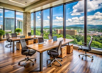Fototapeta premium Modern office workspace in Knoxville, TN, featuring sleek wooden desks, ergonomic chairs, and plenty of natural light