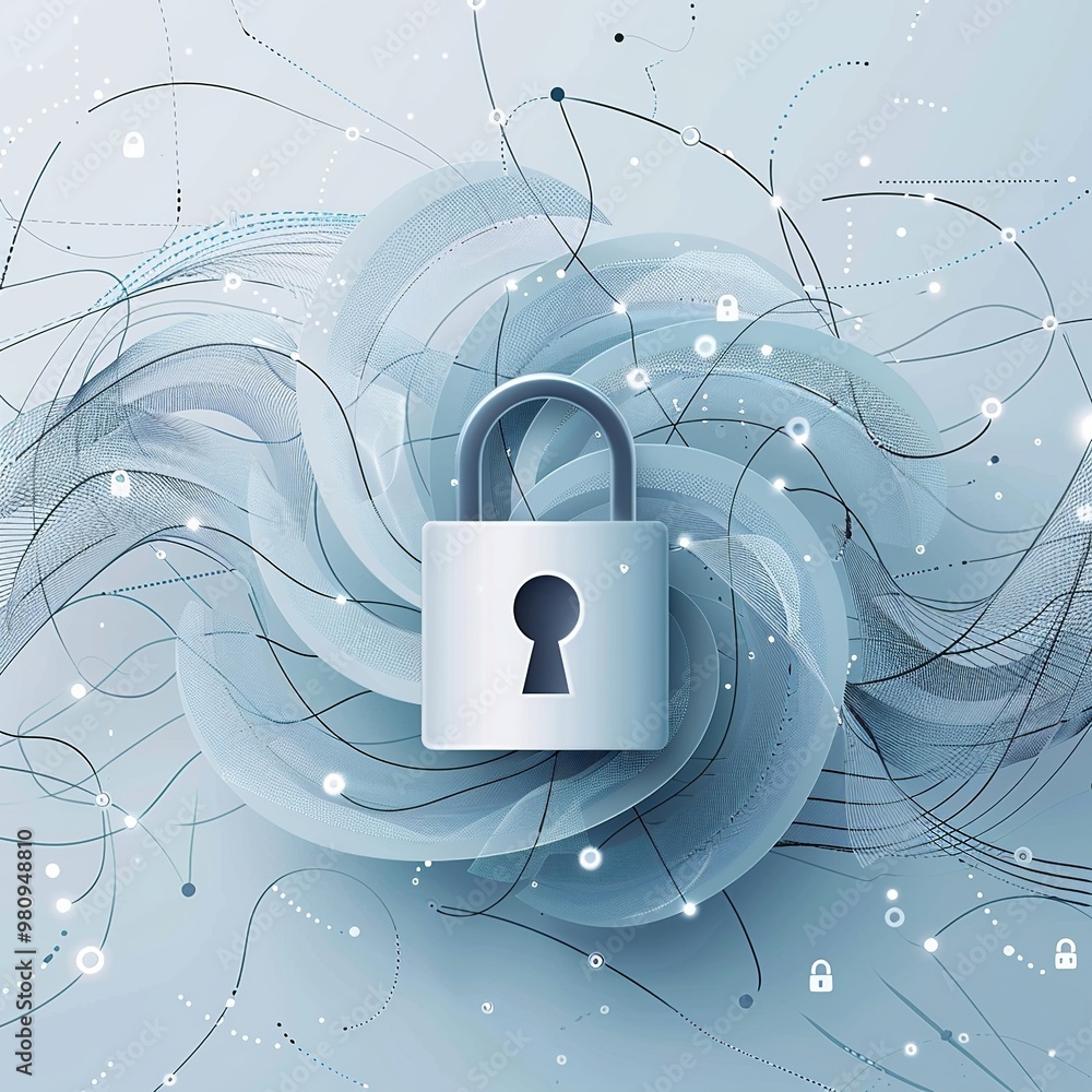 Poster abstract illustration of a cyber security concept featuring a padlock encircled by intricate network
