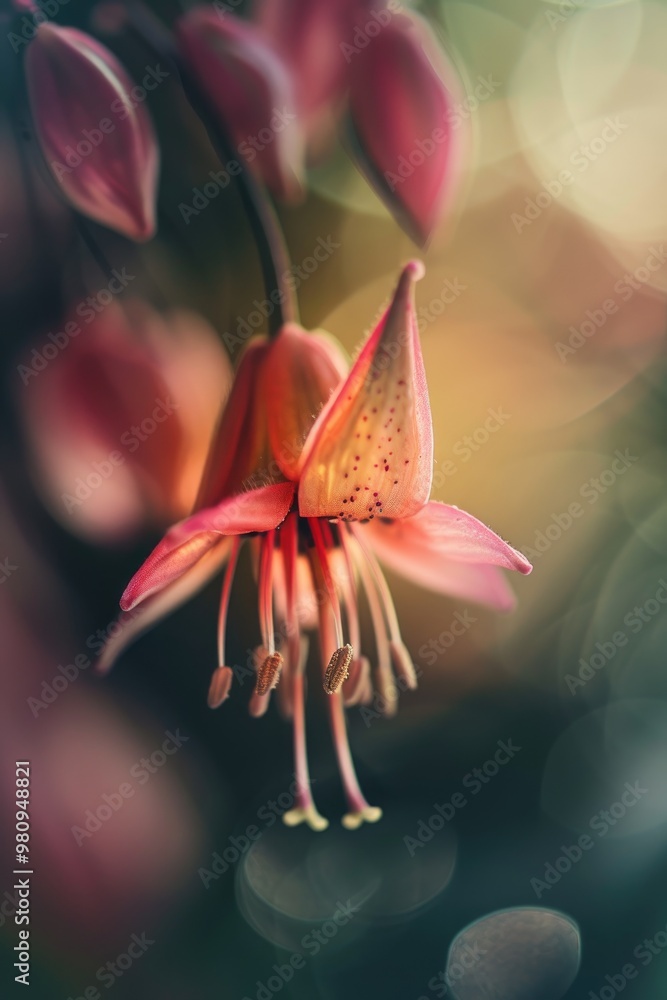 Poster close-up of a pink lily flower in bloom with bokeh background