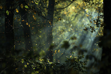 A Serene Forest Scene with Light Filtering Through the Trees &ndash; Side Lighting Enhances Shadows, Creating a Mystical Atmosphere with Blurred Branches Adding Depth to the Composition