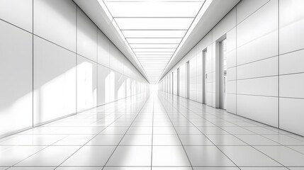 Obraz premium Sleek white corridor with clean geometric lines and a glass ceiling, exhibiting natural light and polished floor tiles, presenting a futuristic interior design perspective.