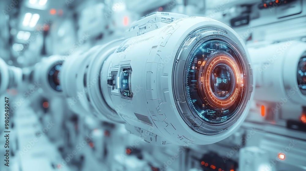 Aufkleber futuristic cylindrical device with glowing elements in a tech environment.