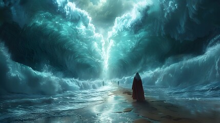 Illustrate Moses standing strong as the Red Sea parts before him, forming a divine pathway with immense waves on each side,