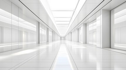Sleek white corridor with clean geometric lines and a glass ceiling, exhibiting natural light and polished floor tiles, presenting a futuristic interior design perspective.