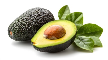Photorealistic avocado depicted whole and halved, showcasing its vibrant green skin, creamy flesh, and fresh leaves, set against a clean white background.