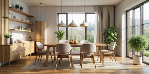 Fototapeta premium Modern Scandinavian-inspired dining room with sleek wooden table, matching chairs, and stylish pendant lights,